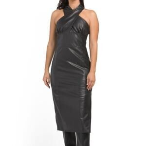 Bod & Christensen Black Leather Halter Midi Dress NWT FW25 Runway Trend Size 6